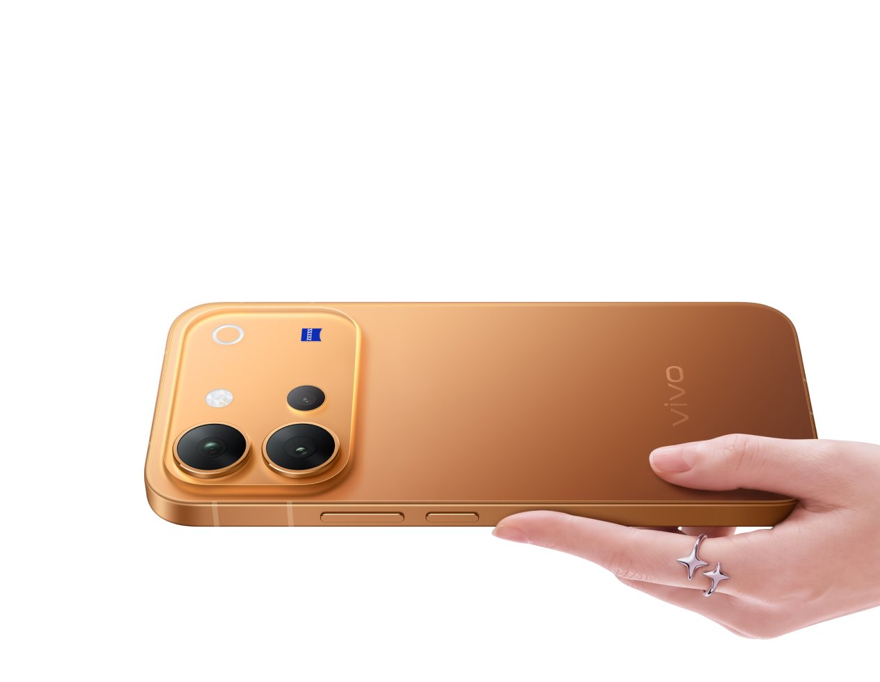 vivo V80 in copper, shown from the back with its camera module, held in one hand