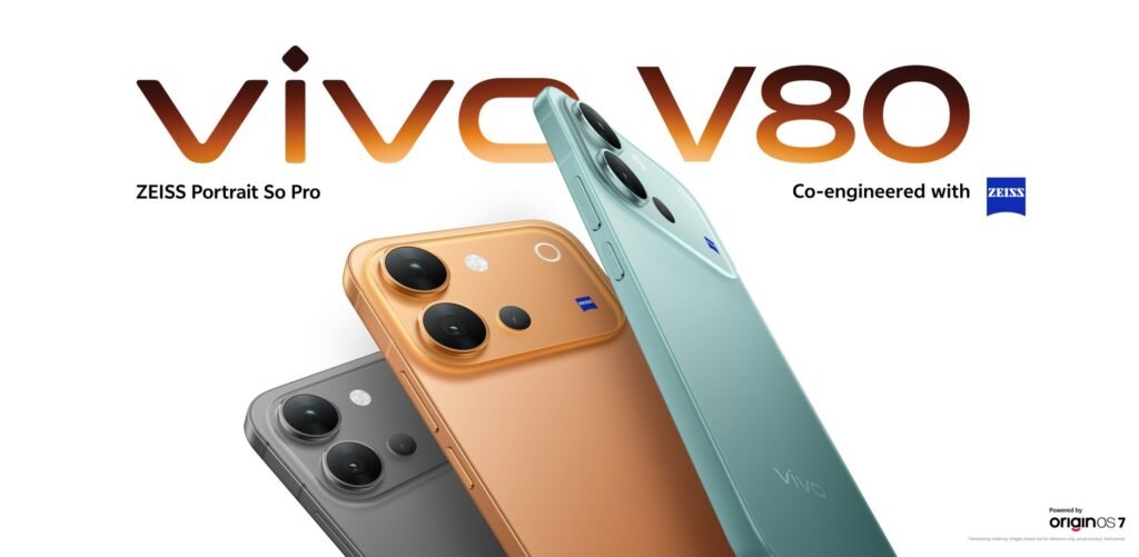 Three vivo V80 phones in black, copper and green, shown from the back