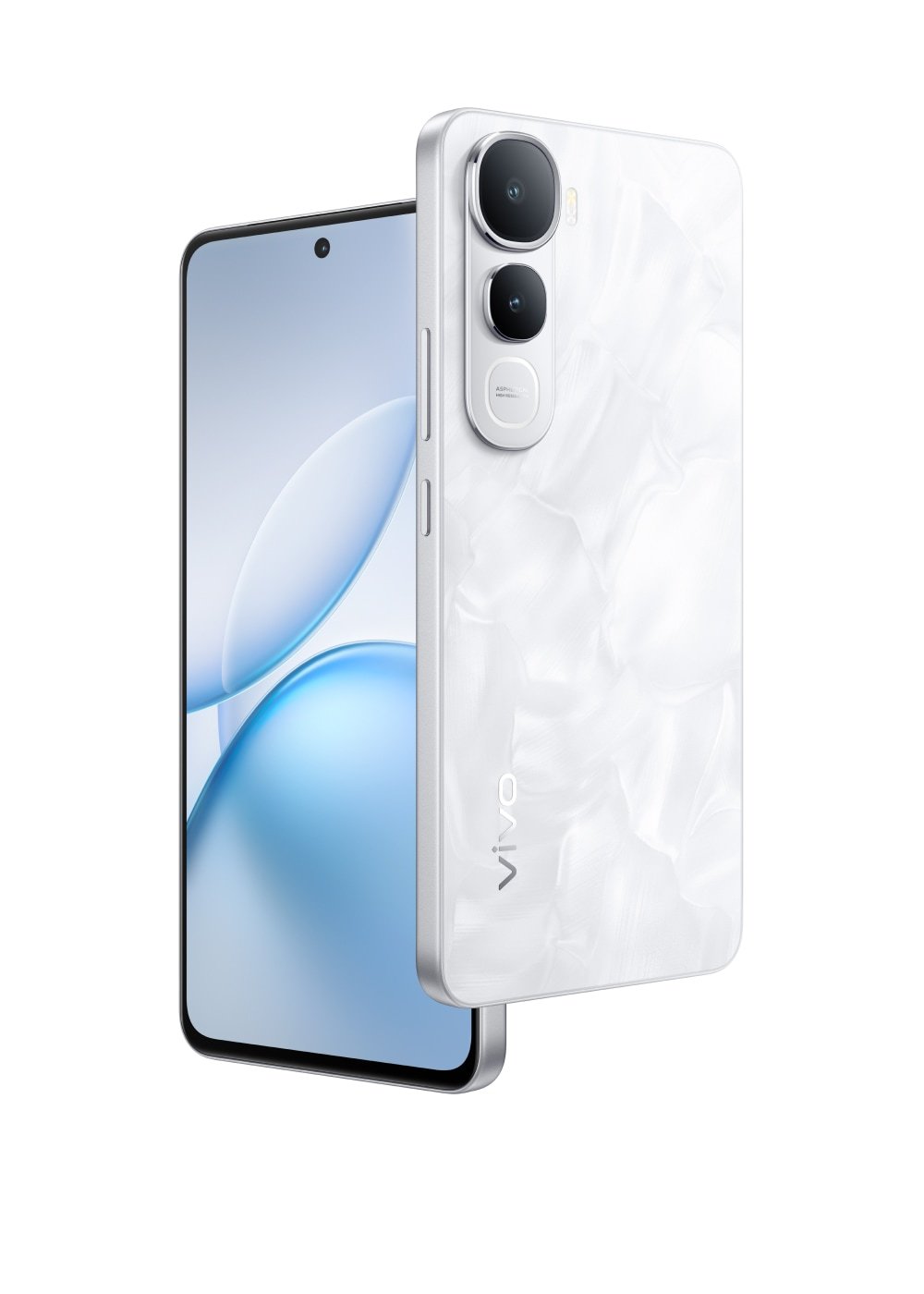A vivo Y400 5G in Glam White shown from the front and the back