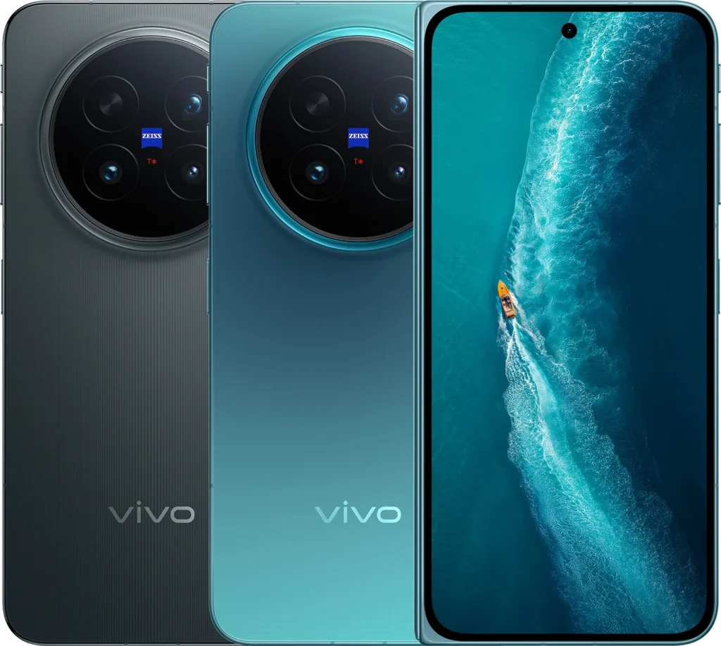 Vivo X Fold6, unfolded inner display and back view in Nebula Teal