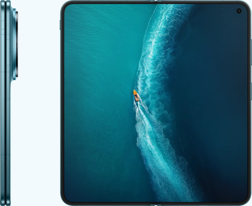 Vivo X Fold6, in Nebula Teal, unfolded, with the side profile