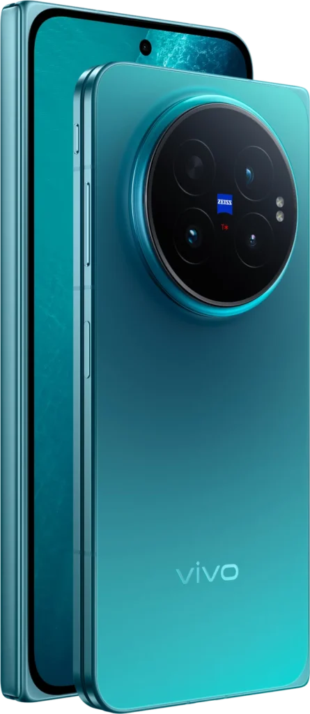 Vivo X Fold6, in Nebula Teal, from the back at an angle
