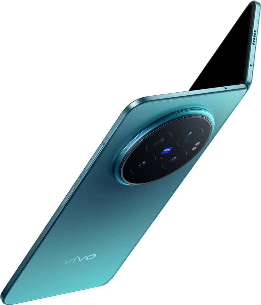 Vivo X Fold6, in Nebula Teal, half open, from the back